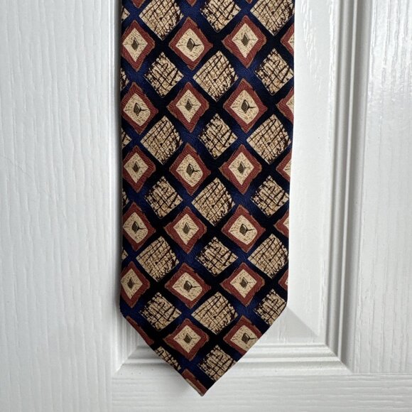 Daniel de Fasson Brown Gold Blue Necktie 100% Silk Multicolor Geometric Design - Picture 1 of 6